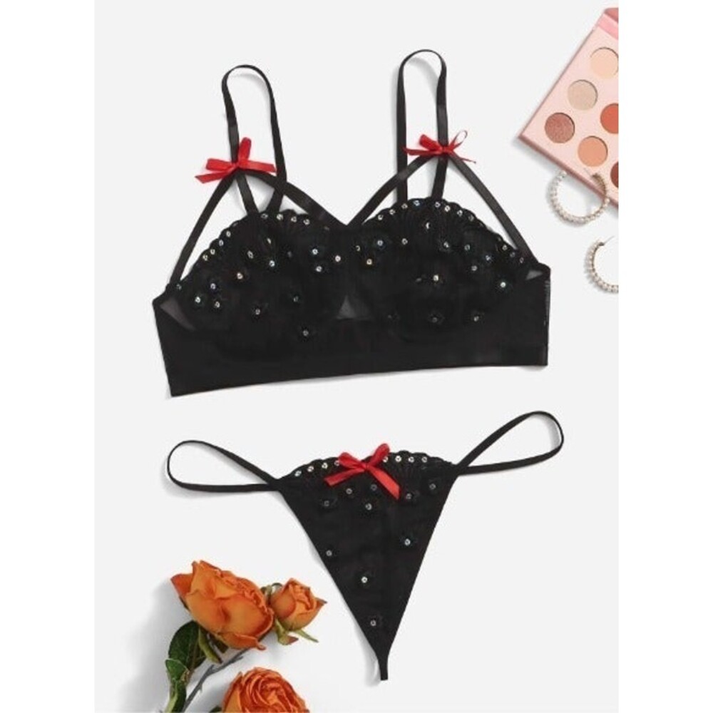 Size 14 Plus (1X) Black & Red Contrast Sequin Bow Front Lingerie Set